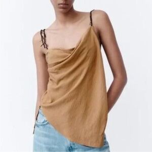 Zara Asymmetrical Gold Wrap Top With Beaded Straps Sz XS NWT